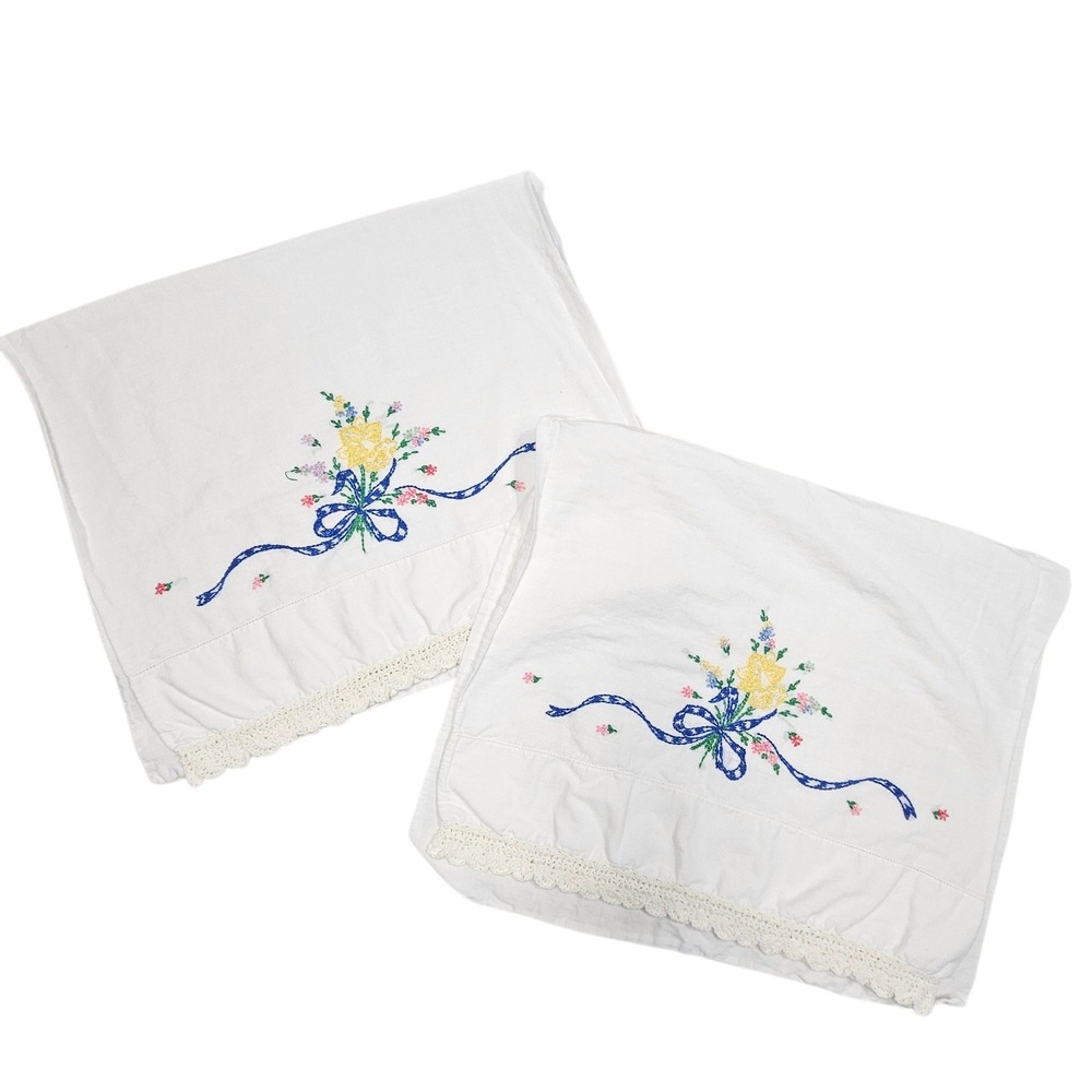 Vintage Hand Embroidered‎ Pillowcases Pair White Yellow Floral Blue Ribbon Lace